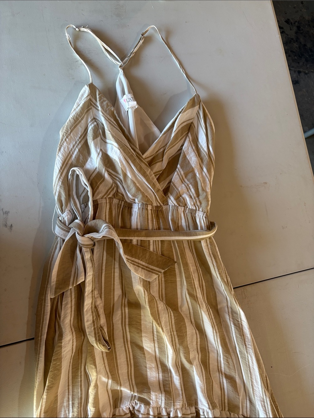 L'ATISTE Cream and Tan Striped High-Low Wrap Maxi Dress